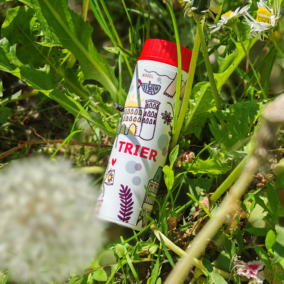Fläschchen mit Seifenblasenflüssigkeit Fläschchen mit Seifenblasenflüssigkeit auf einer Wiese mit Pusteblumen